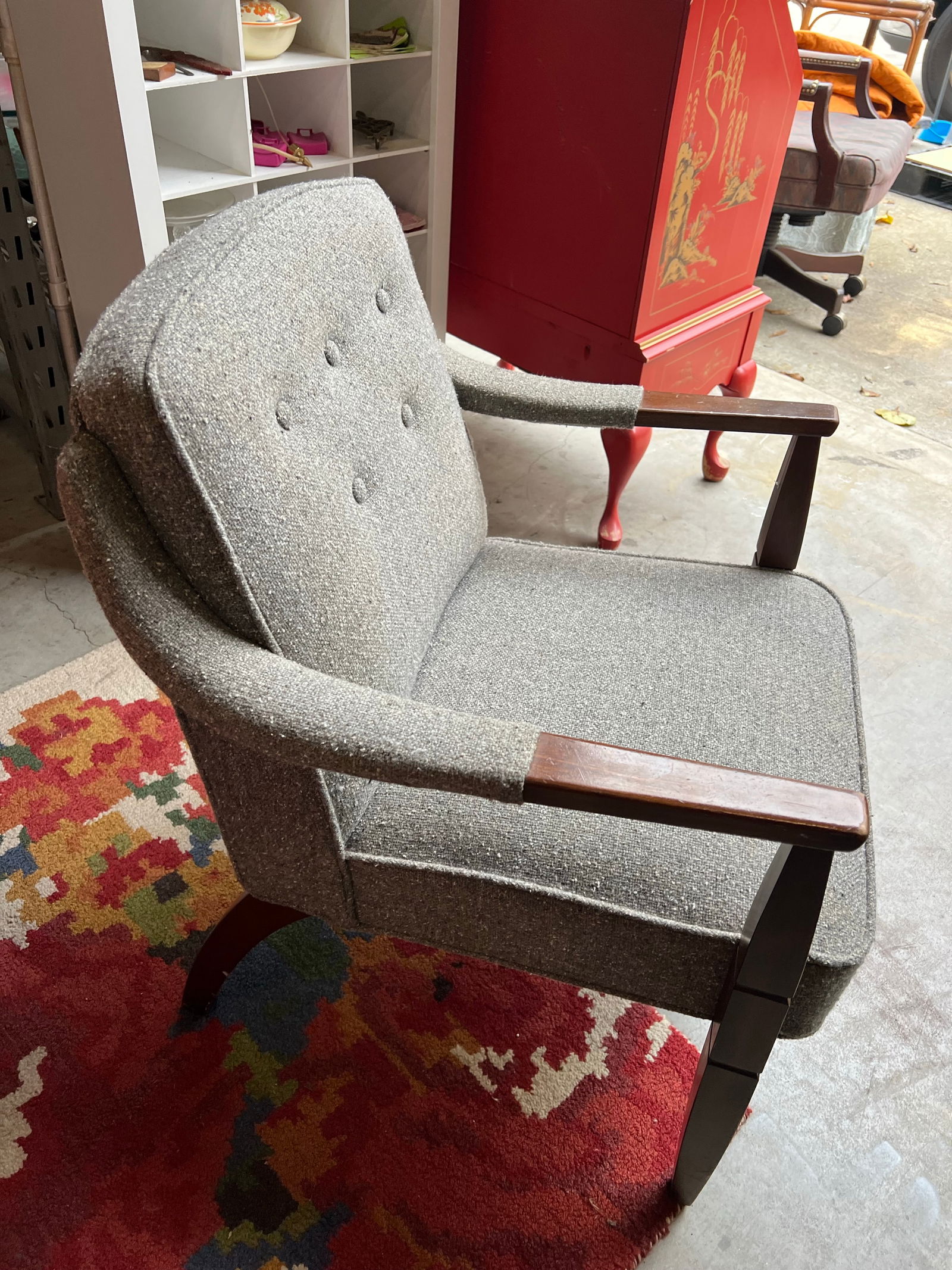 1970s Mid-Century Wooden Chair With Gray Cushioning - 2