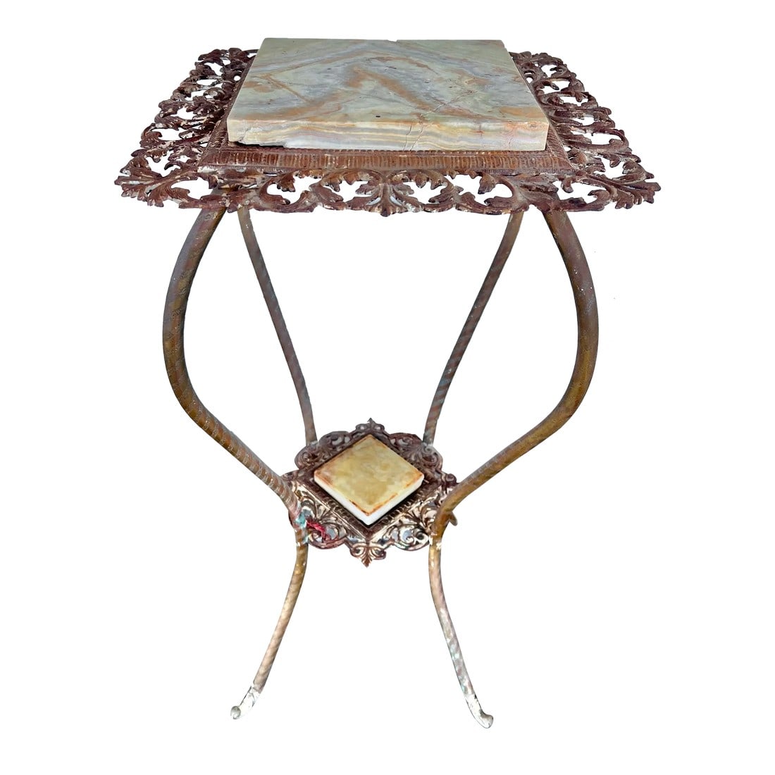 Vintage Brass & Marble Side Table/ Plant Stand: An antique Victorian Gilded and Enameled Side Stand/Plant Stand. Constructed in gilded and engraved brass grame with a splayed foliate apron and removable onyx marble pieces . The rope twist legs term