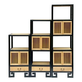 Set of 3 Black Tan Shutter Doors Display Cabinet Bookcase Room Divider