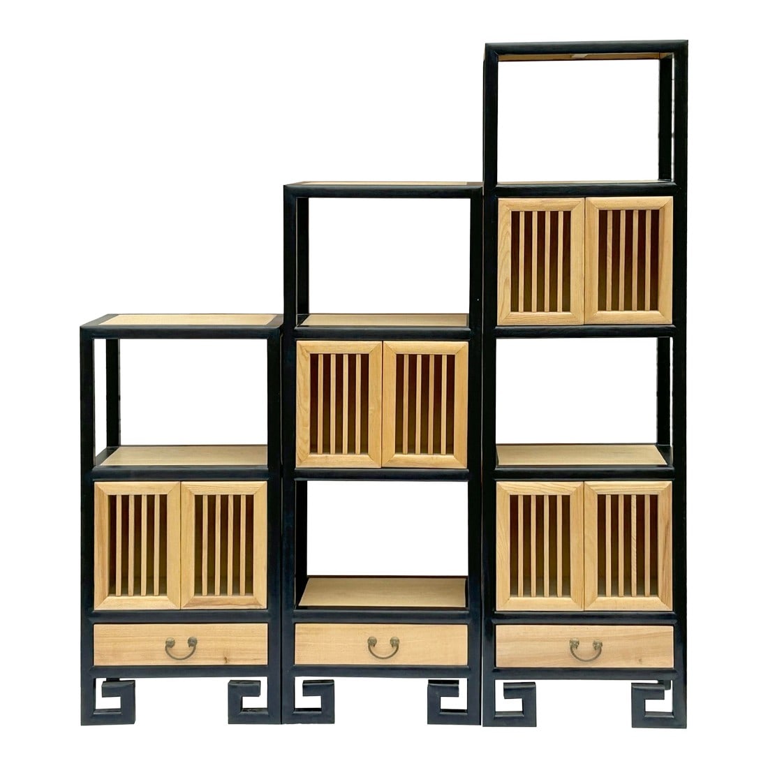 Set of 3 Black Tan Shutter Doors Display Cabinet Bookcase Room Divider: This striking Oriental Black Rim Natural Wood Narrow Storage Display Bookcase Cabinet is a unique and functional piece that adds a touch of Asian-inspired elegance to any space. Crafted with a blend