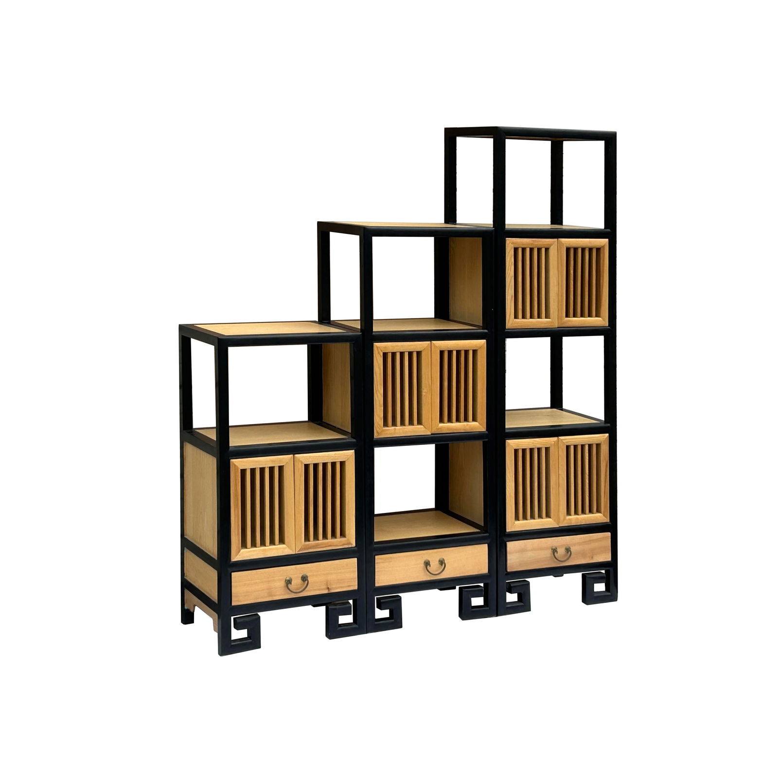 Set of 3 Black Tan Shutter Doors Display Cabinet Bookcase Room Divider - 7