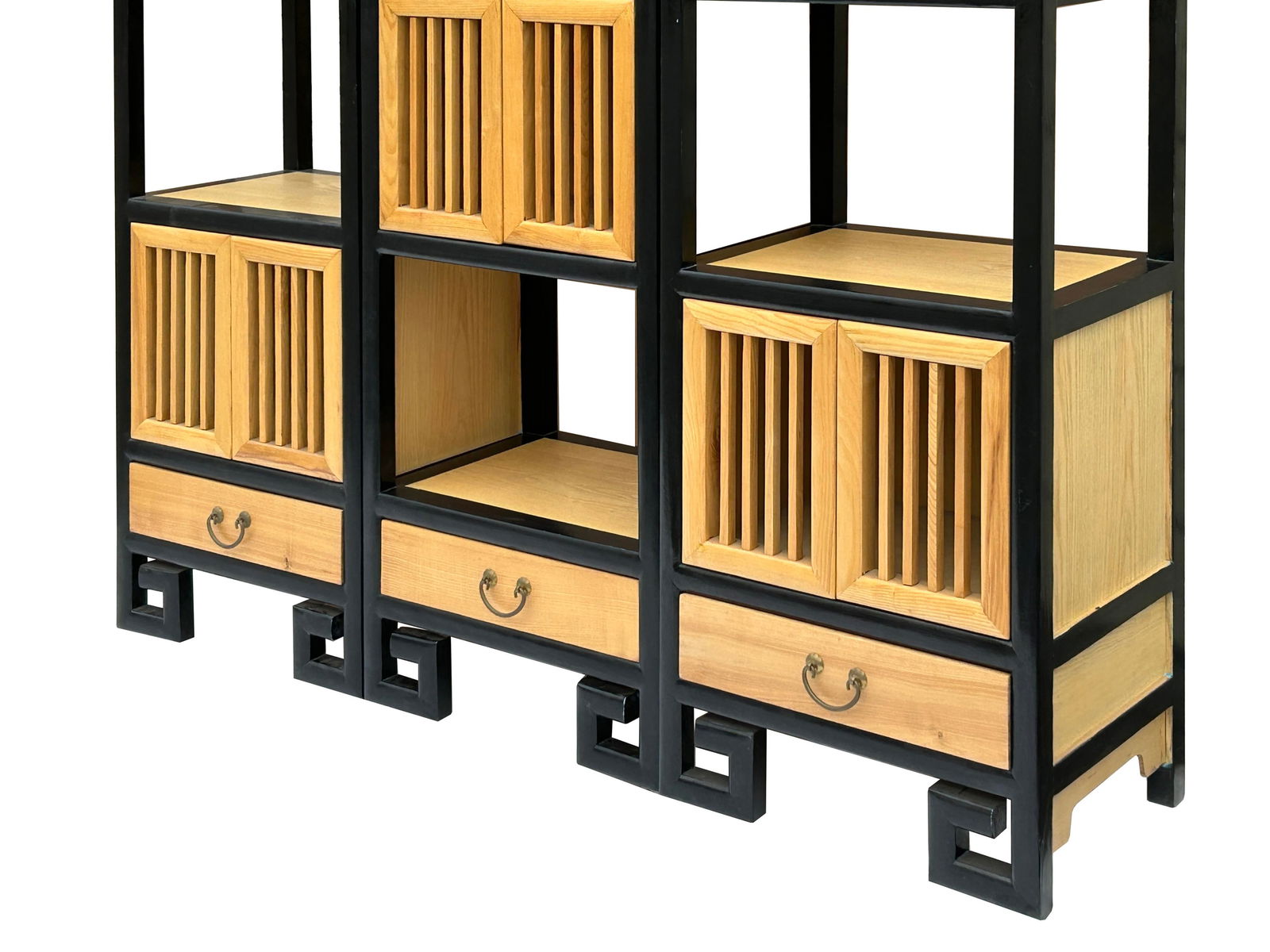 Set of 3 Black Tan Shutter Doors Display Cabinet Bookcase Room Divider - 9