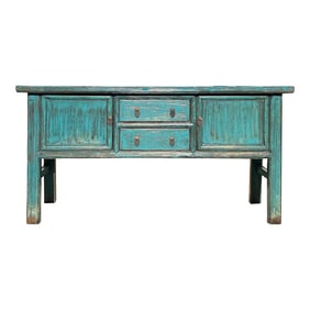 Vintage Chinese Distressed Turquoise Blue Foyer Narrow Side Console Table