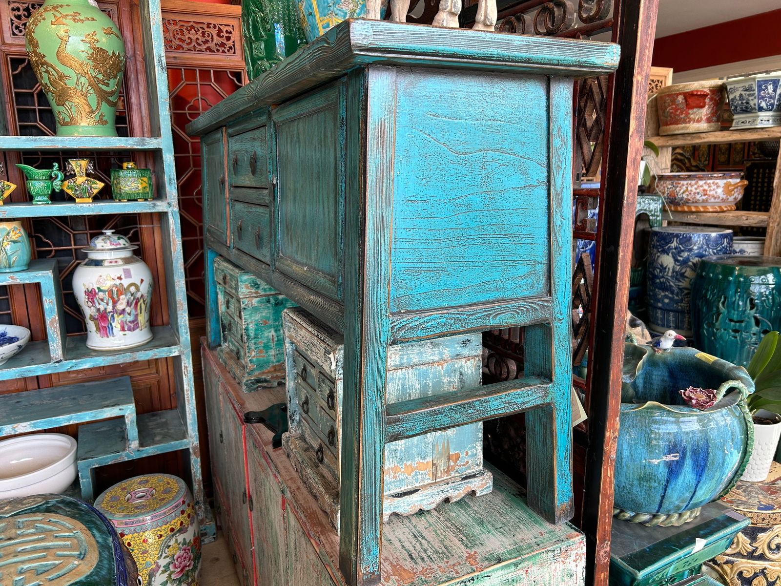 Vintage Chinese Distressed Turquoise Blue Foyer Narrow Side Console Table - 6