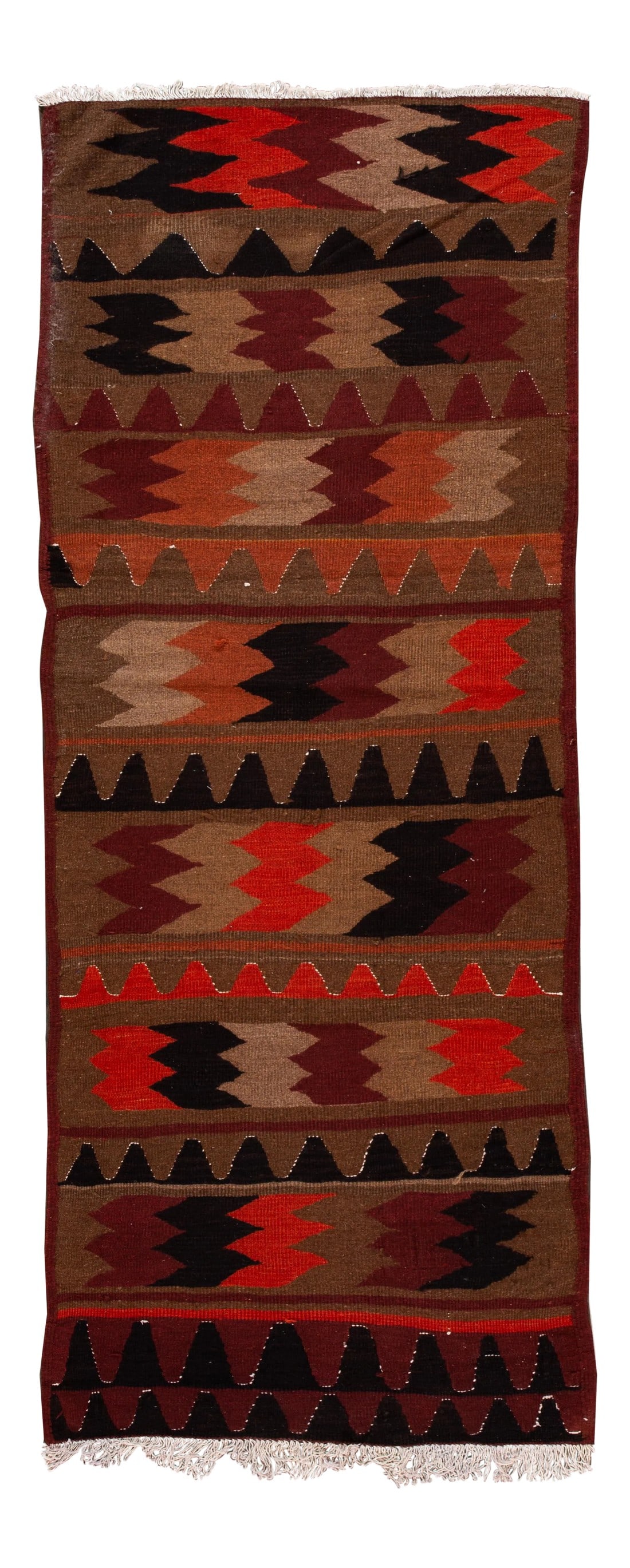 Mid-20th Century Vintage Kilim Runner Rug 3' 6" X 9' 1''.: A beautiful hand-woven vintage Kilim runner with a tan field, and multi-color accents an all-over geometric design. This rug measures 3' 6" x 9' 1''. Condition: Alterations: Original Condition