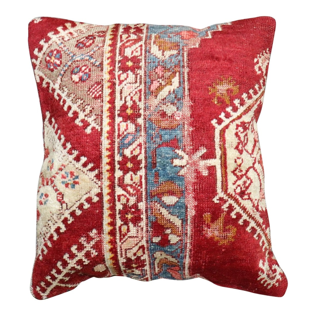 Red Antique Turkish Rug Pillow: Pillow made from an old turkish Rug. 16'' x 18''. Polyfill insert included Condition: Alterations: Original Condition Unaltered Imperfections: Some Imperfections Condition Notes: age imperfections 