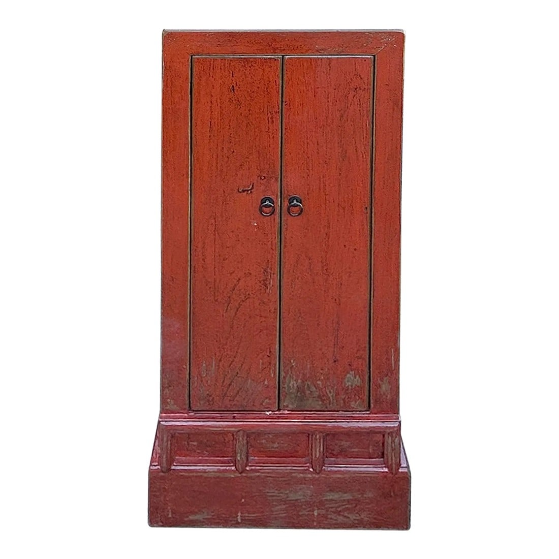 Distressed Orange Red Color Slim End Table Nightstand Cabinet: This Chinese cabinet showcases the beauty of traditional craftsmanship with its rich distressed orange red lacquer finish and simple, elegant lines. Crafted from solid wood with hand-carved details,