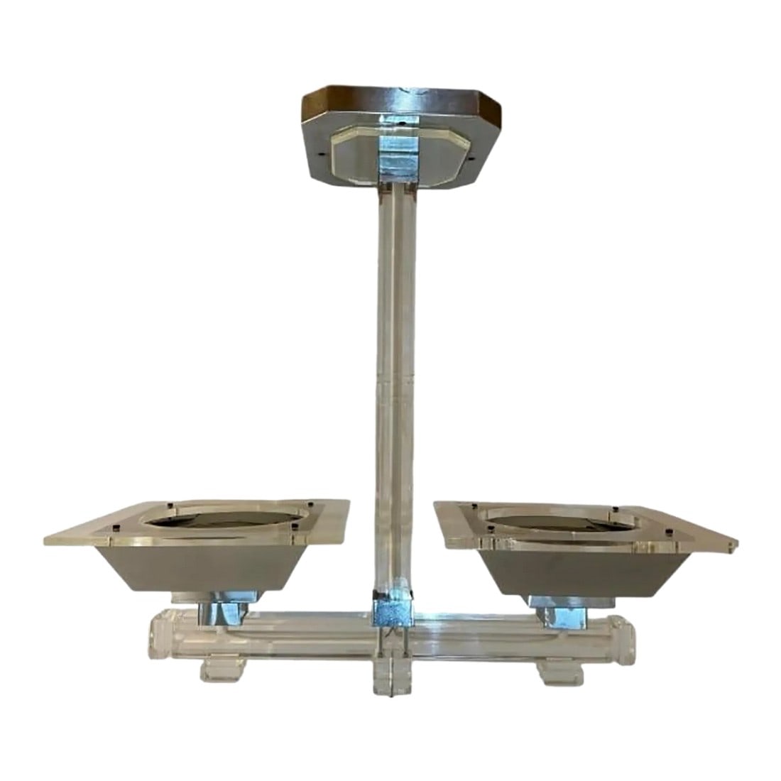 Vintage 1970s Charles Hollis Jones Style Lucite and Chrome 2-Arm Chandelier or Table Lamp: Bring a touch of Hollywood Regency glamour into your space with this stunning vintage 1970s Lucite and Chrome 2-Arm Chandelier which is said to be attributed to Charles Hollis Jones. A masterpiece