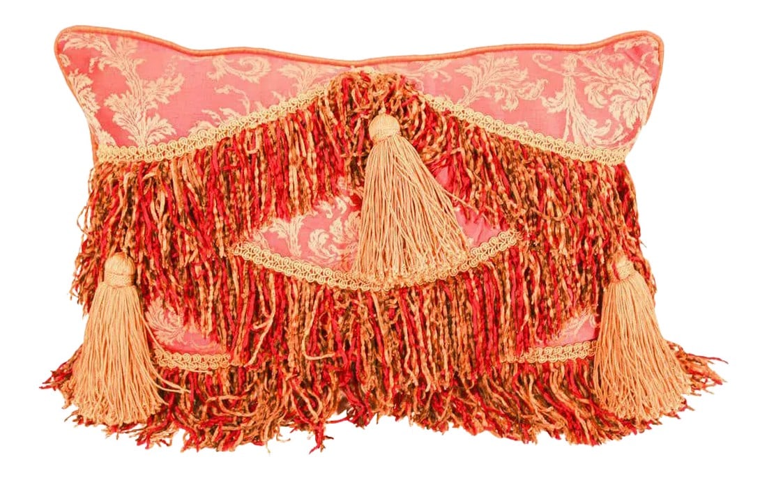Middle Eastern Decorative Red Throw Pillow: Middle Eastern decorative throw pillow with fringes and tassels . Luxury silk in red and gold with an accent textile and decorative silk trim has been applied to finish the edges. Condition: