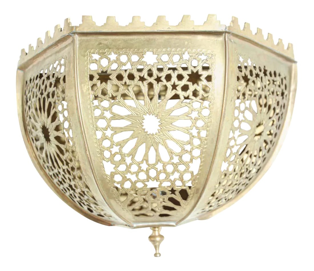 Brass Moroccan Art Wall Sconce Shade: Moroccan brass handcrafted Art piece could be used as wall lamp shade. Brass frame perfect for soft subtle sconce light. There are no electrics within the lampshade. They will look great over an