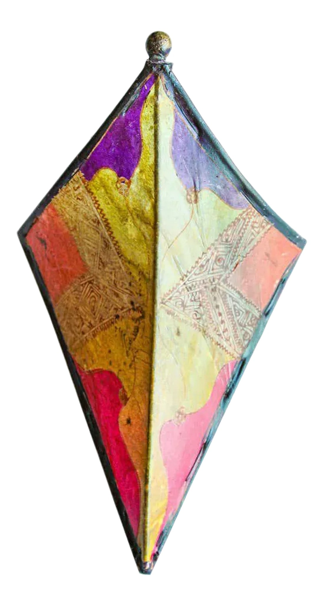 Parchment African Art Wall Sconce: African Tribal Art parchment wall shade sconce featuring a large triangle hide form stitched on iron and hand painted surface. These Art pieces could be used as wall lamp shade. Iron frame covered