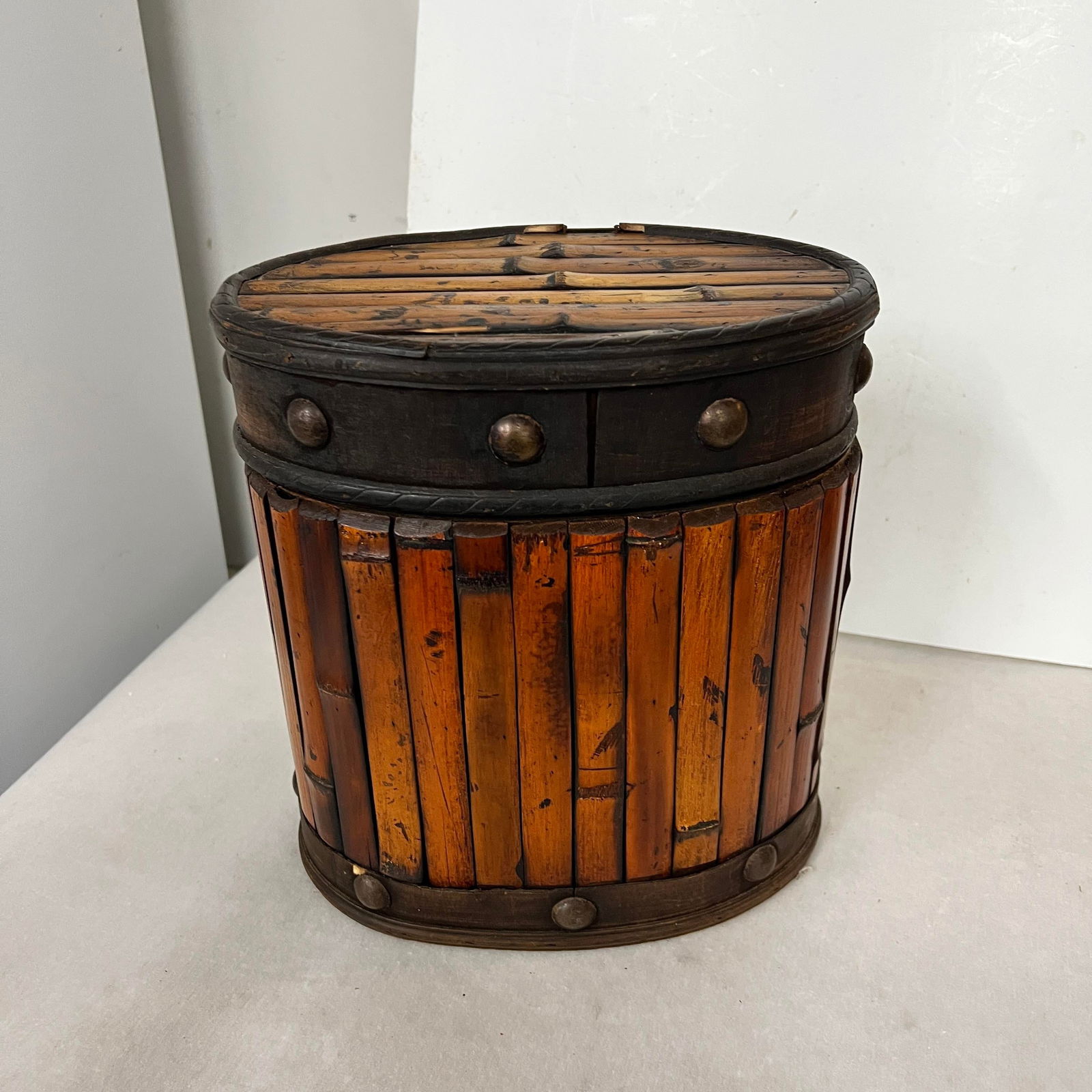 Vintage Bamboo Lidded Box With Stud Details - 3