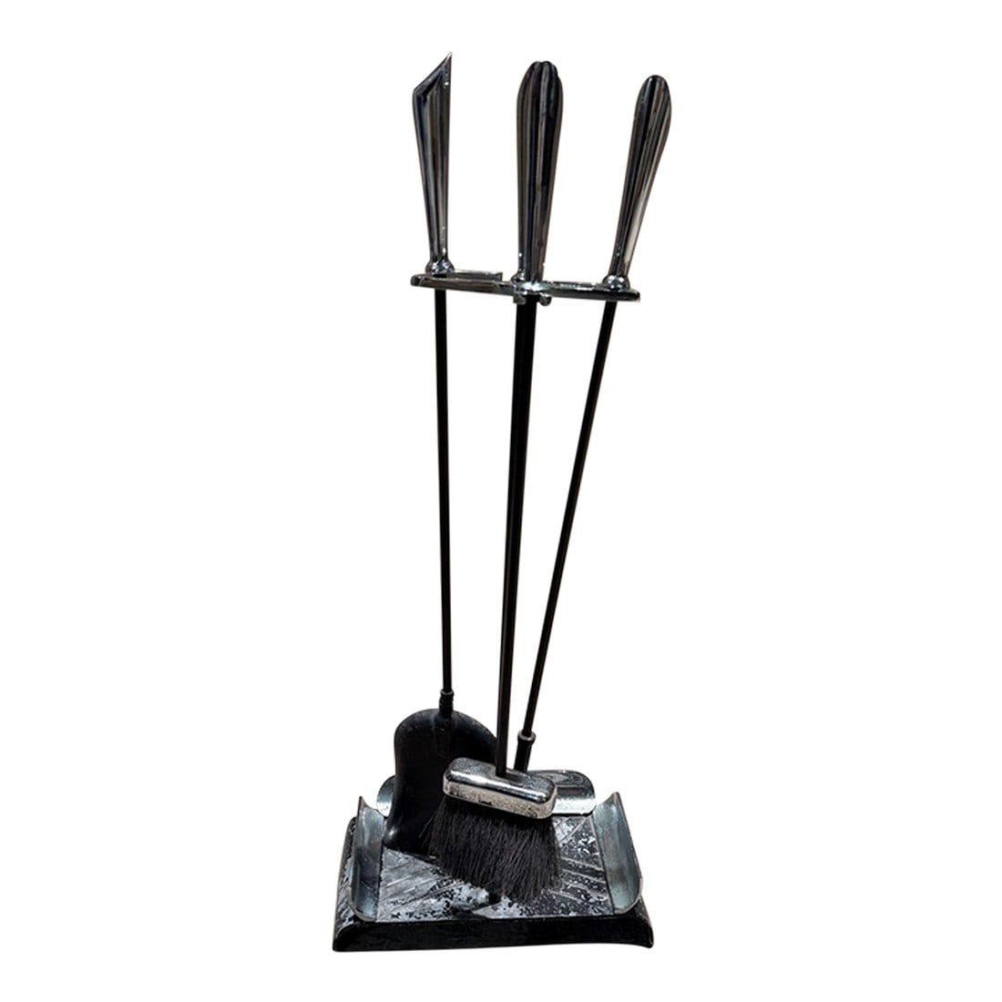 1960s Modernist Fireplace Tool Set: AMBIANIC presents MCM Firetool Set 1960s vintage Sleek Metal Handle Black Iron Modern Fireplace Tool Set 30 h x 11.5 w x 6.75 d Preowned unrestored vintage condition Refer to images provided 