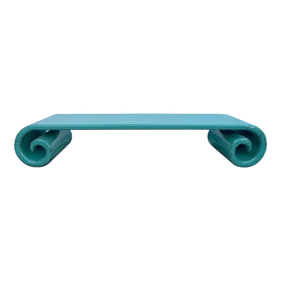 Distressed Aqua Turquoise Blue Scroll Long Rectangular Coffee Table Stand: Add a touch of modern chic to your space with this unique vintage scroll table stand, a statement piece that blends artistic design with practical functionality. This eye-catching table features a
