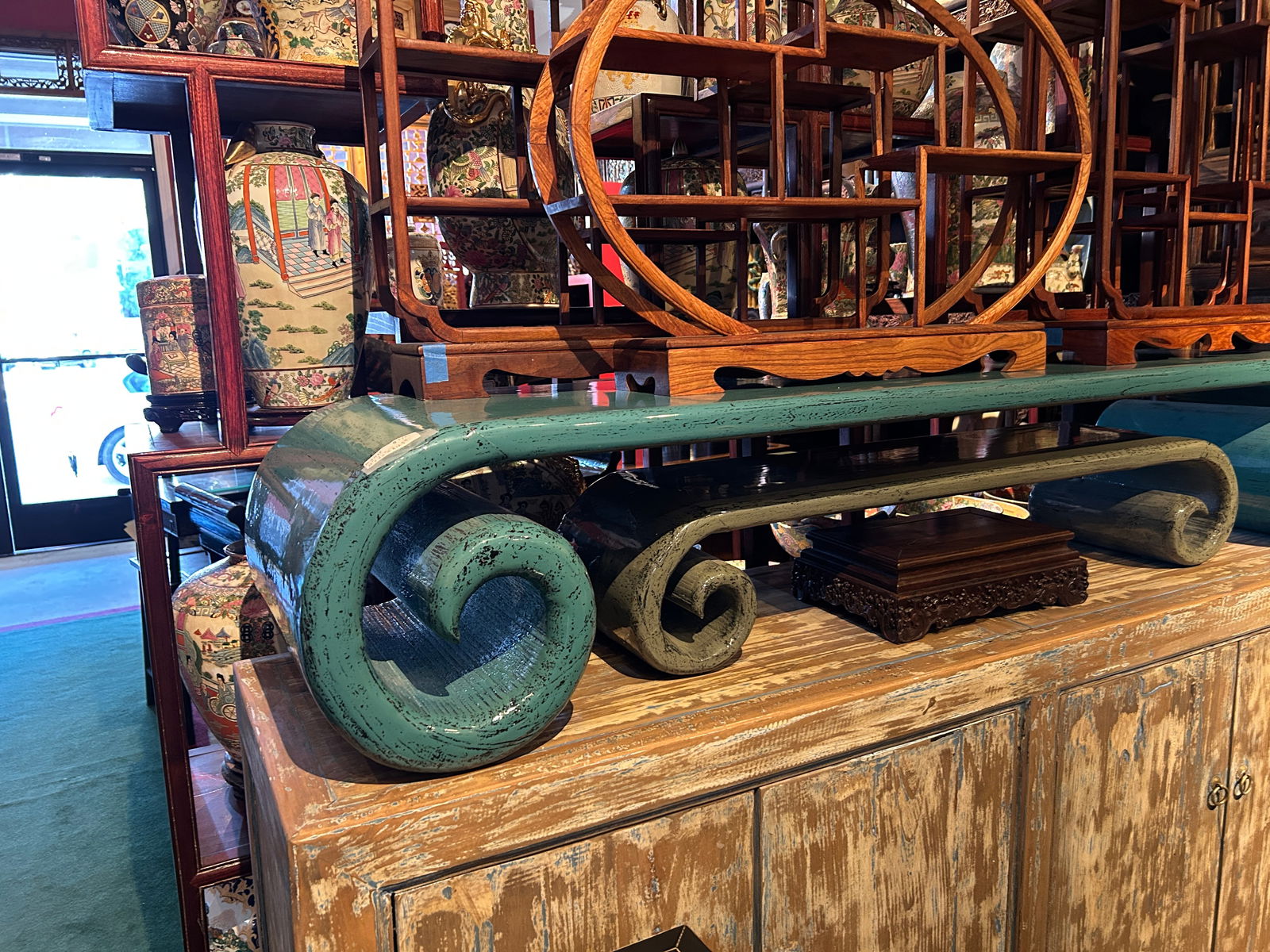 Distressed Aqua Turquoise Blue Scroll Long Rectangular Coffee Table Stand - 6