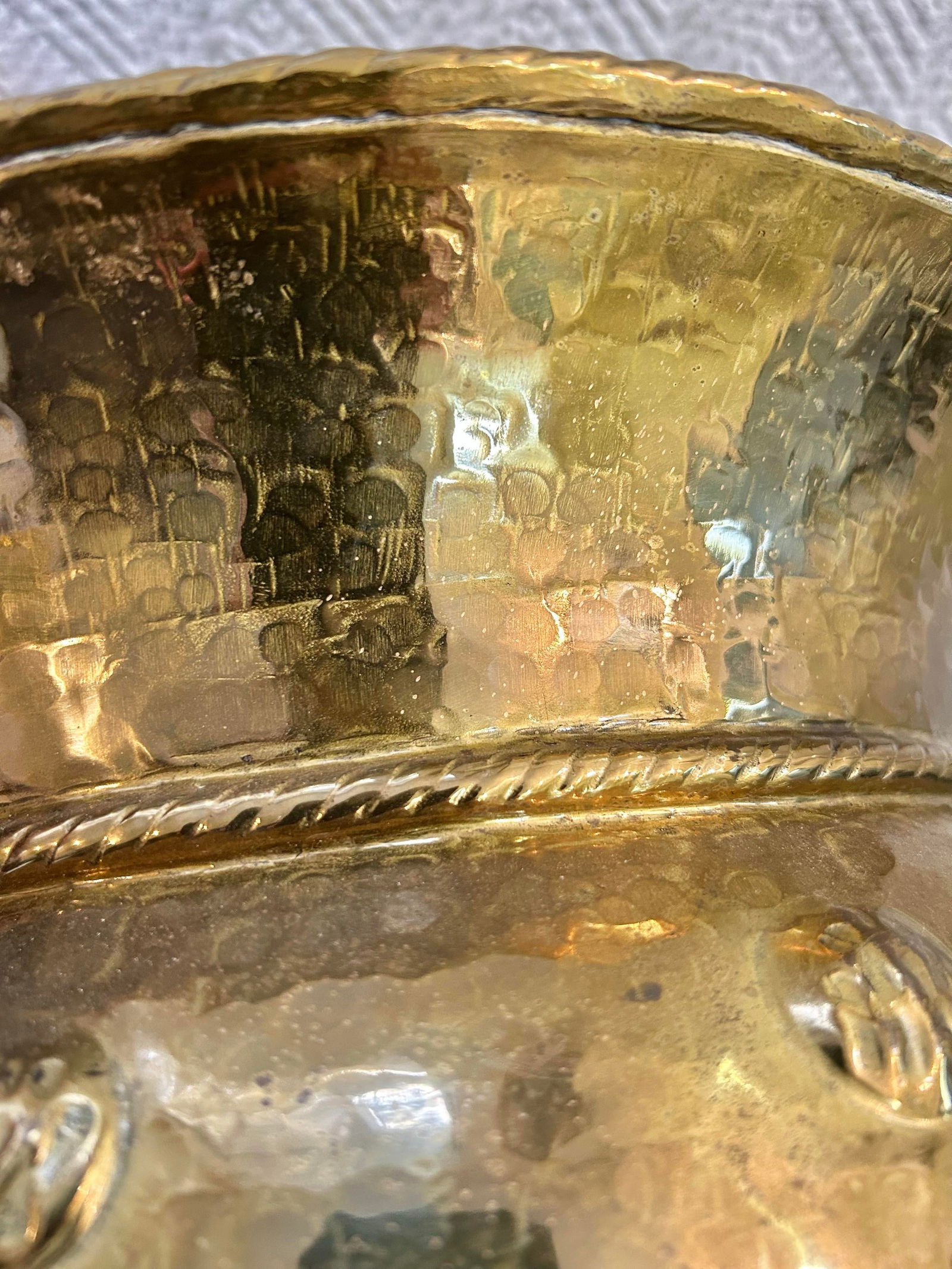 Mid 20th Century Large Chased or Hammered Brass Planter With Tope Trim and Repousse Button Accents - 4