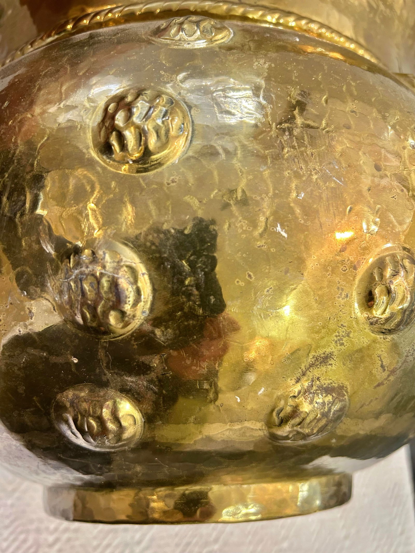 Mid 20th Century Large Chased or Hammered Brass Planter With Tope Trim and Repousse Button Accents - 5