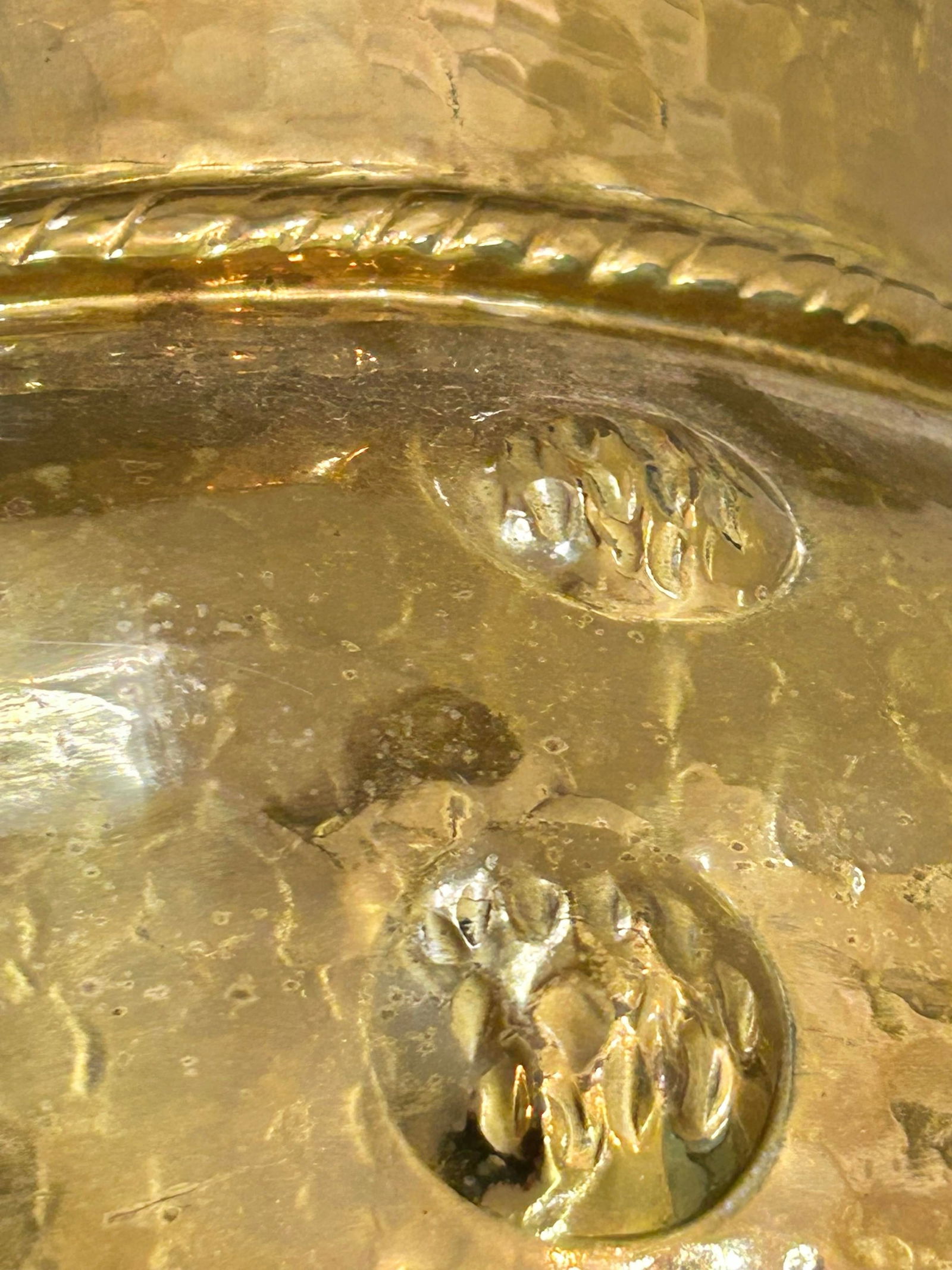 Mid 20th Century Large Chased or Hammered Brass Planter With Tope Trim and Repousse Button Accents - 6