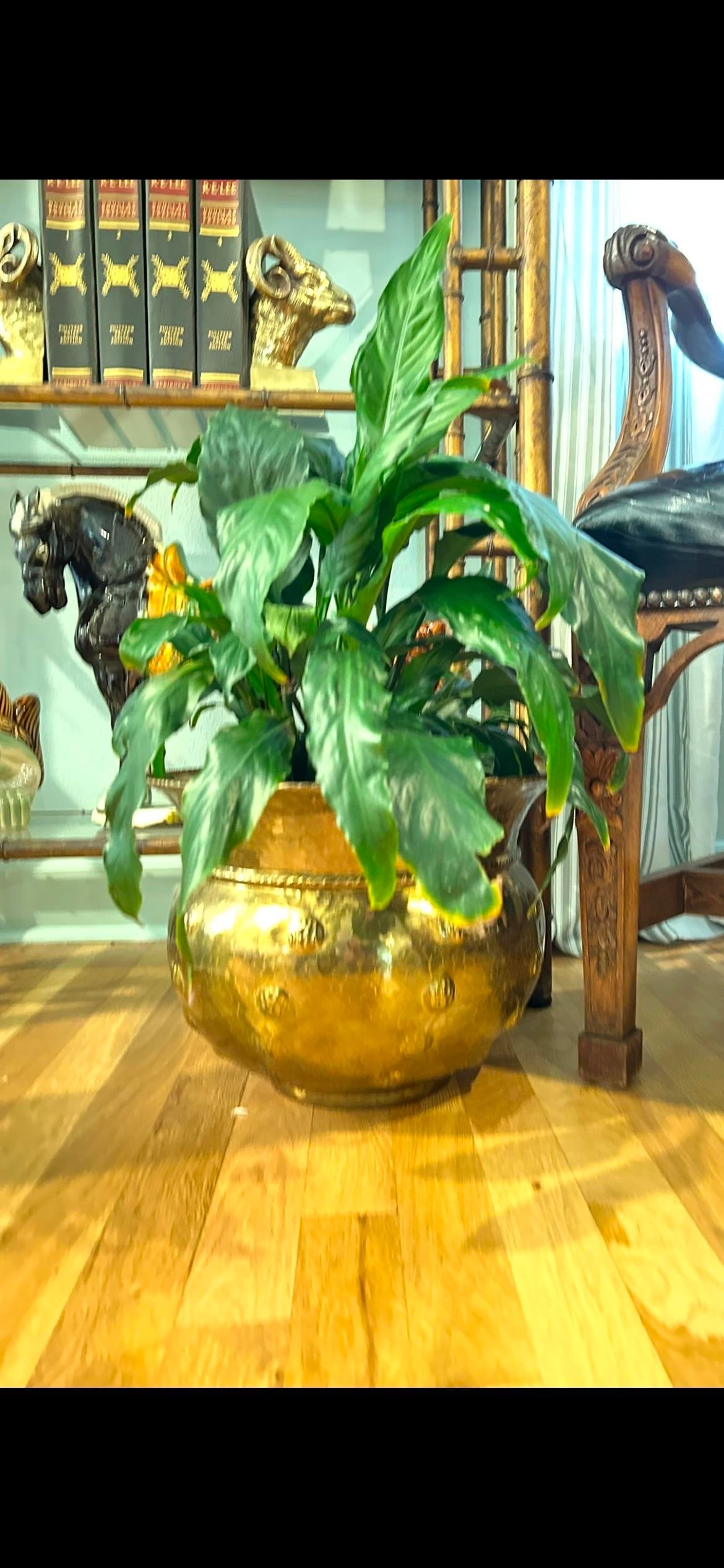 Mid 20th Century Large Chased or Hammered Brass Planter With Tope Trim and Repousse Button Accents - 7