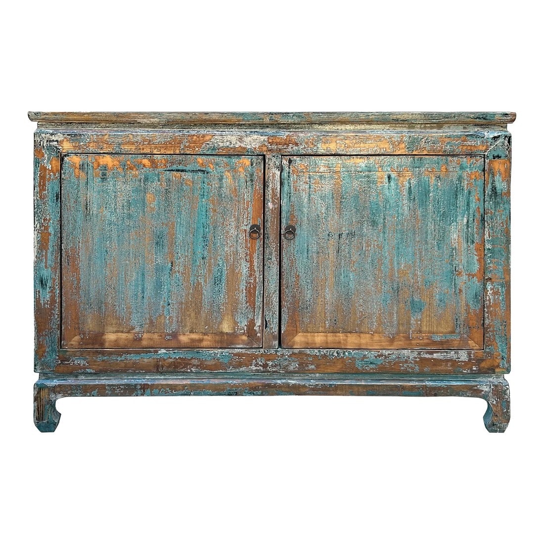 Distressed Rustic Teal Blue 2 Doors Credenza Sideboard Console Cabinet: This Vintage Chinese cabinet exudes rustic charm with its distressed blue and brown finish and simple, elegant design. Crafted from solid wood with hand-carved details, this cabinet features two doors