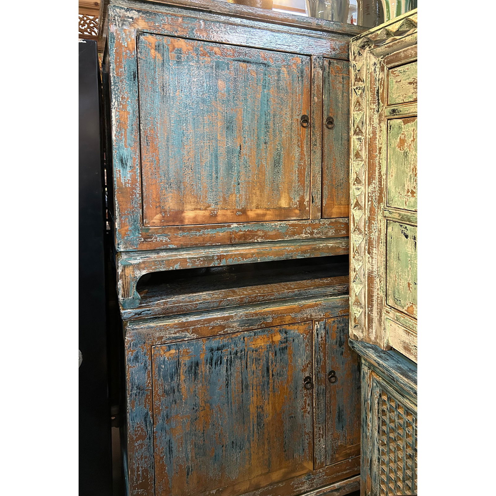 Distressed Rustic Teal Blue 2 Doors Credenza Sideboard Console Cabinet - 7