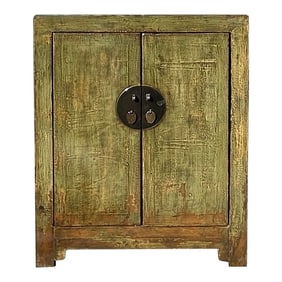 Distressed Olive Green MoonFace 2 Doors End Table Nightstand Cabinet