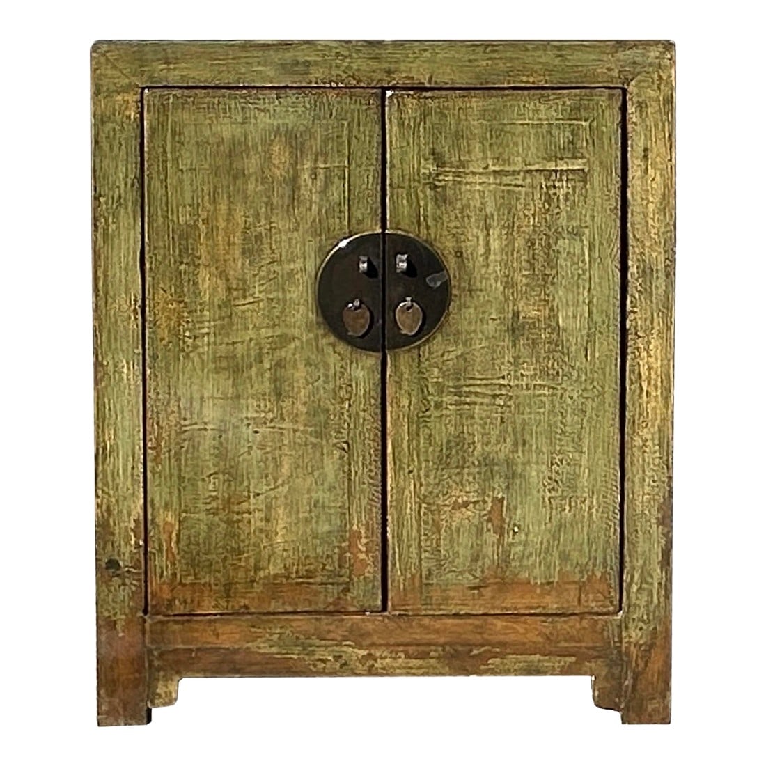 Distressed Olive Green MoonFace 2 Doors End Table Nightstand Cabinet: showcasing a captivating distressed olive green patina finish. This unique piece features a classic Chinese design with double doors adorned with a distinctive round metal medallion pull, opening to