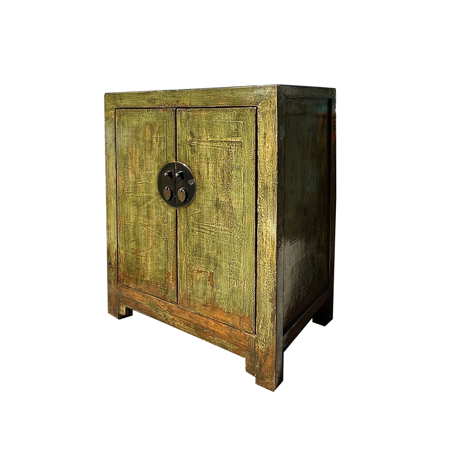 Distressed Olive Green MoonFace 2 Doors End Table Nightstand Cabinet - 6