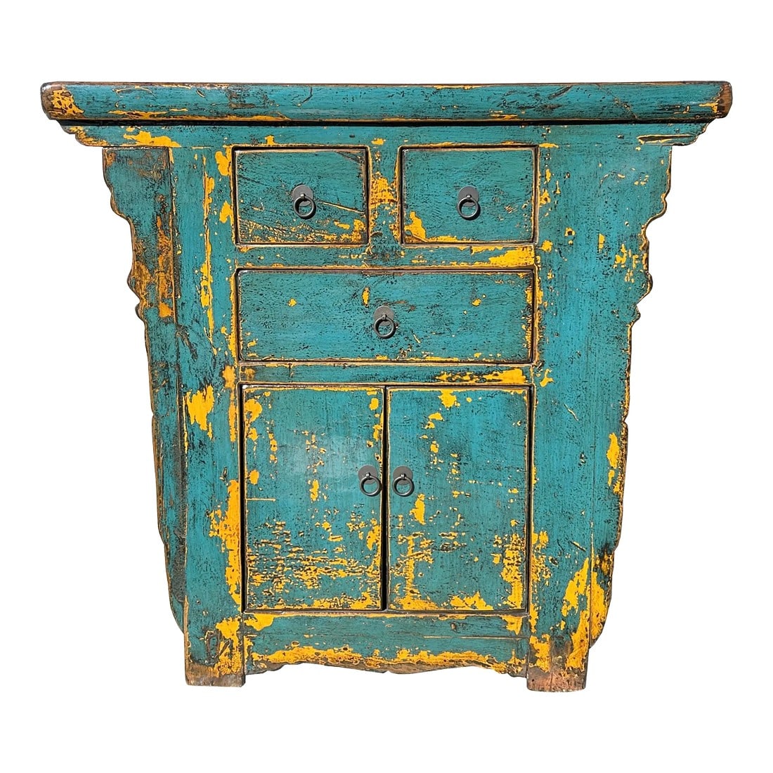 Vintage Distressed Turquoise Marks Credenza Side Table Cabinet: Add a vibrant pop of color and vintage charm to your home with this beautifully restored short console table, showcasing a captivating distressed turquoise teal blue lacquer finish with striking