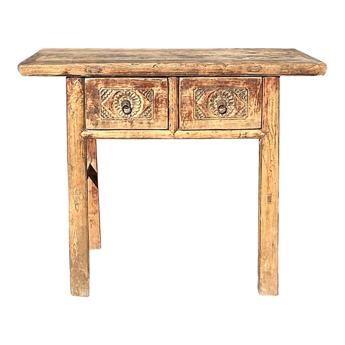 Rustic Raw Bleach Wash Wood Drawers Rectangular Console Side Table: Discover the rustic charm of this vintage raw wood console table, a unique piece that exudes character and timeless appeal. The naturally aged finish showcases the wood's grain and subtle imperfection