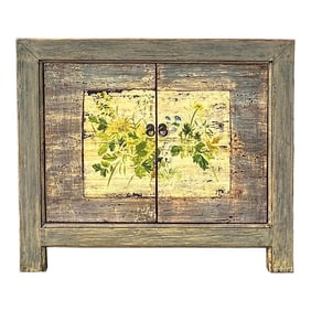 Distressed Grey Flower Bird Graphic Credenza Sideboard Console Cabinet