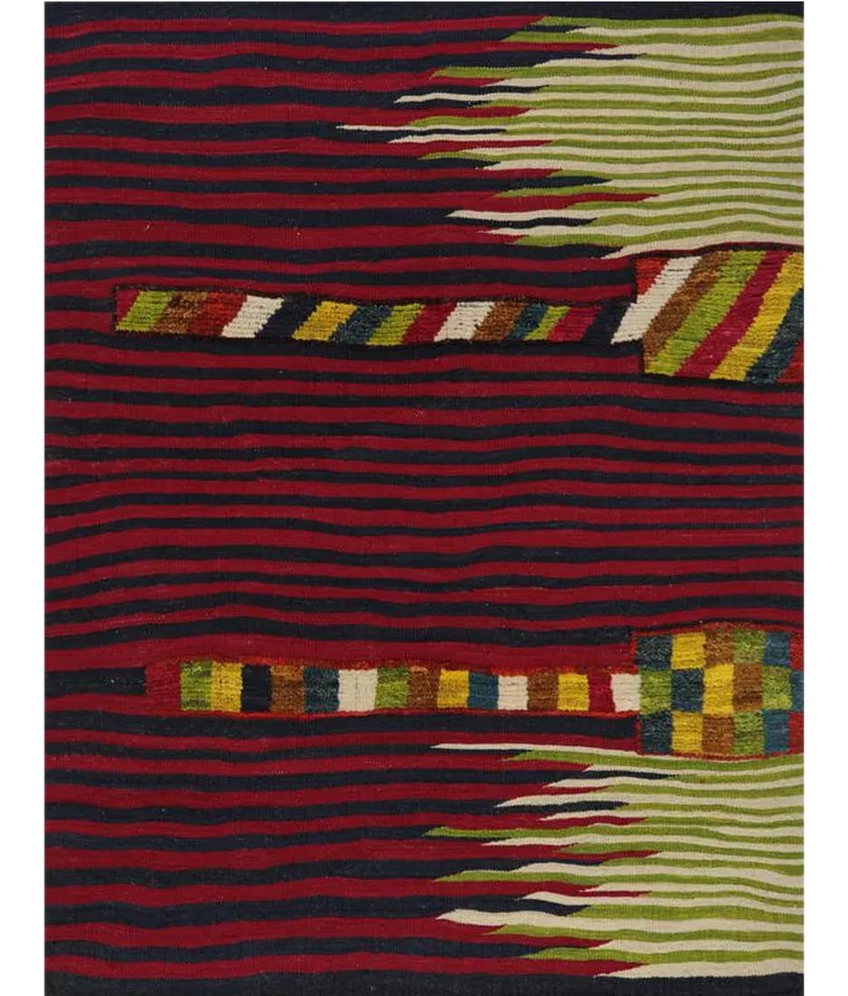 Handwoven Scandinavian Style Kilim Area Rug - 4"²7" × 5'10"³: This bewitchingly beautiful example of a tribal Kilim area rug features a contemporary pop of electrifying bright colors in a playful mixed-weave design. The creative modern twist of a knotted-pile