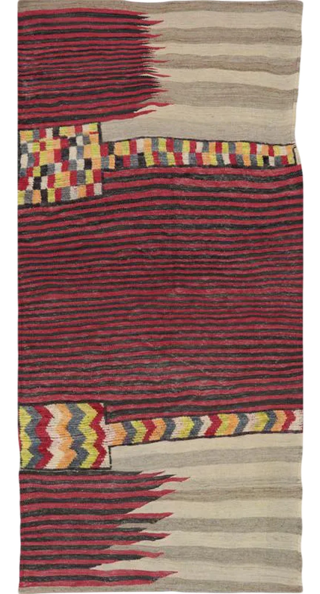 Handwoven Scandinavian Style Persian Kilim Area Rug - 3'5" × 7'5"³: This bewitchingly beautiful example of a tribal Kilim area rug features a contemporary pop of electrifying bright colors in a playful mixed-weave design. The creative modern twist of a knotted-pile