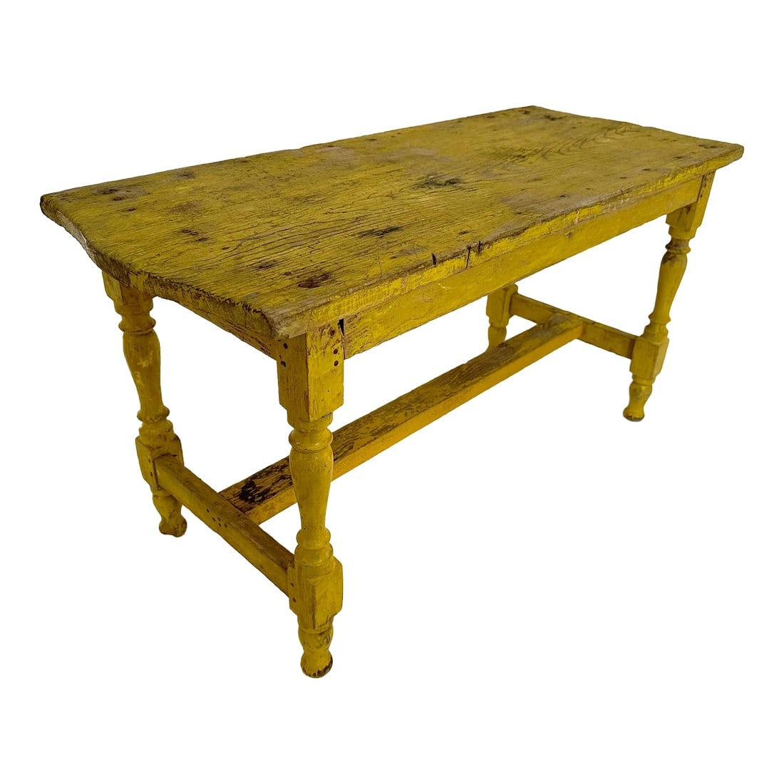 1950s Vintage Primitive Farmhouse Yellow Bench: This primitive yellow bench is a great addition to a rustic cottage, cabin, boho or farmhouse décor. The distressed patina of this piece brings character and charm to a space, serving well as an