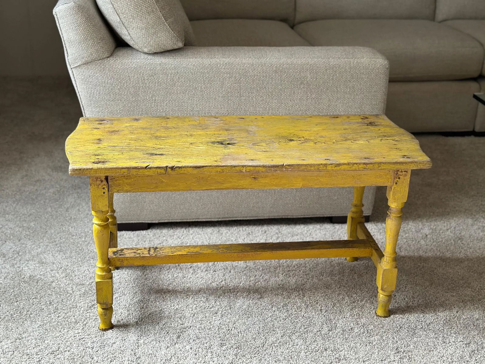 1950s Vintage Primitive Farmhouse Yellow Bench - 5