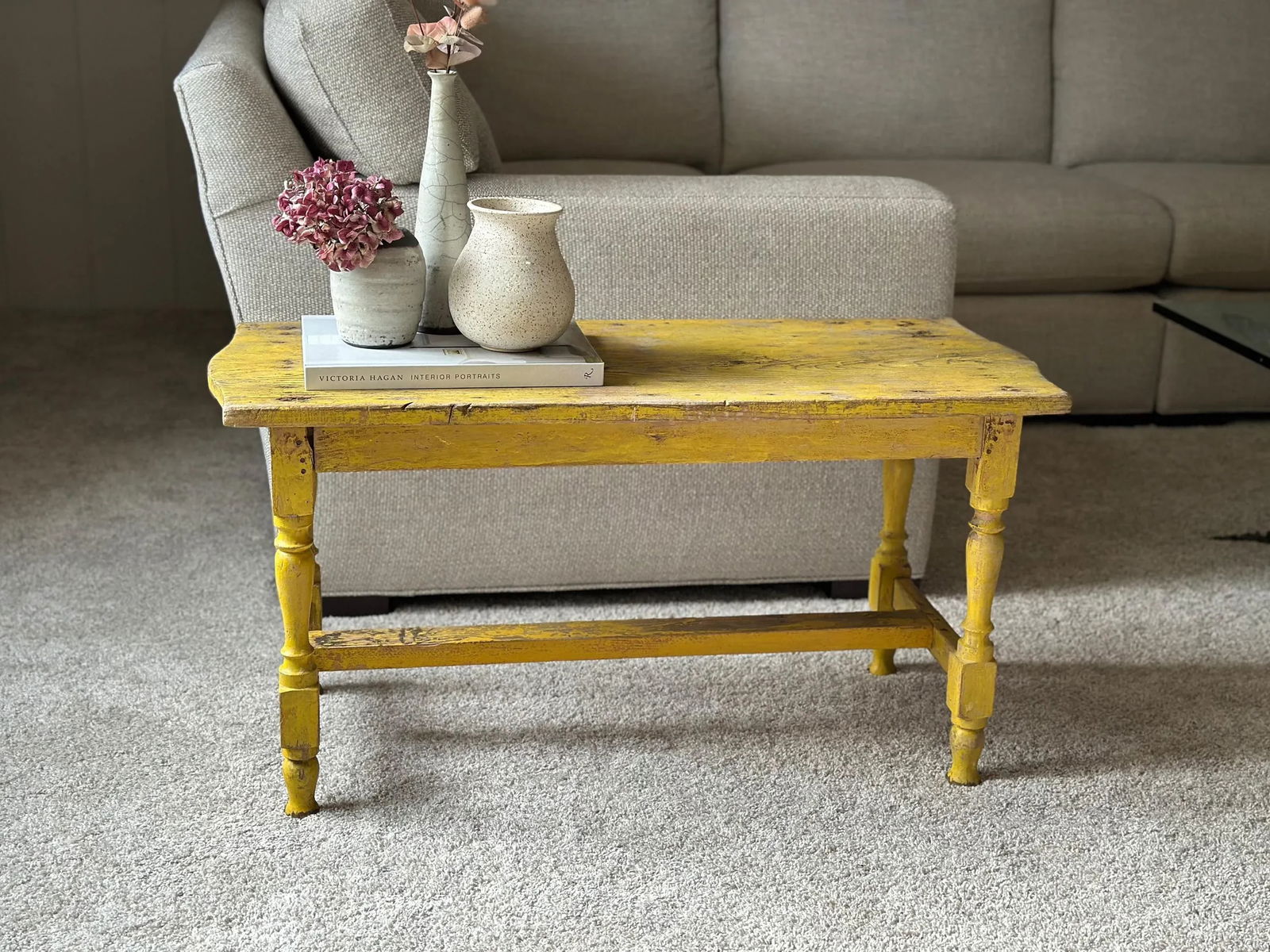 1950s Vintage Primitive Farmhouse Yellow Bench - 8