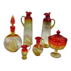 1970s Collection of Red and Yellow Glass Serving Pieces- 6 Pieces