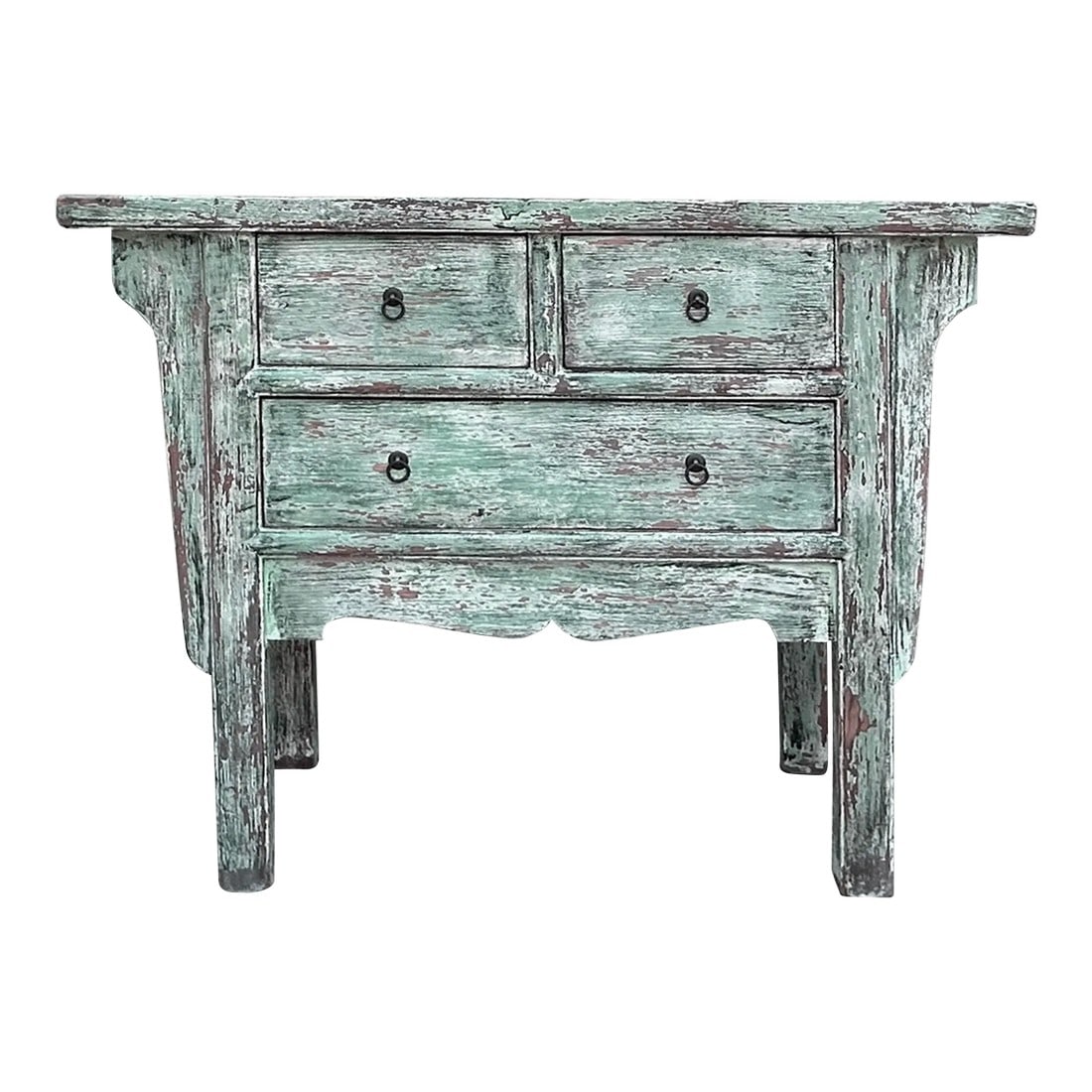 Vintage Distressed Pastel Green Marks Drawers Credenza Side Table Cabinet: This side table is a charming, rustic piece with a vintage, weathered appearance. It features three drawers, each fitted with simple, round black handles, arranged vertically in a compact design. The