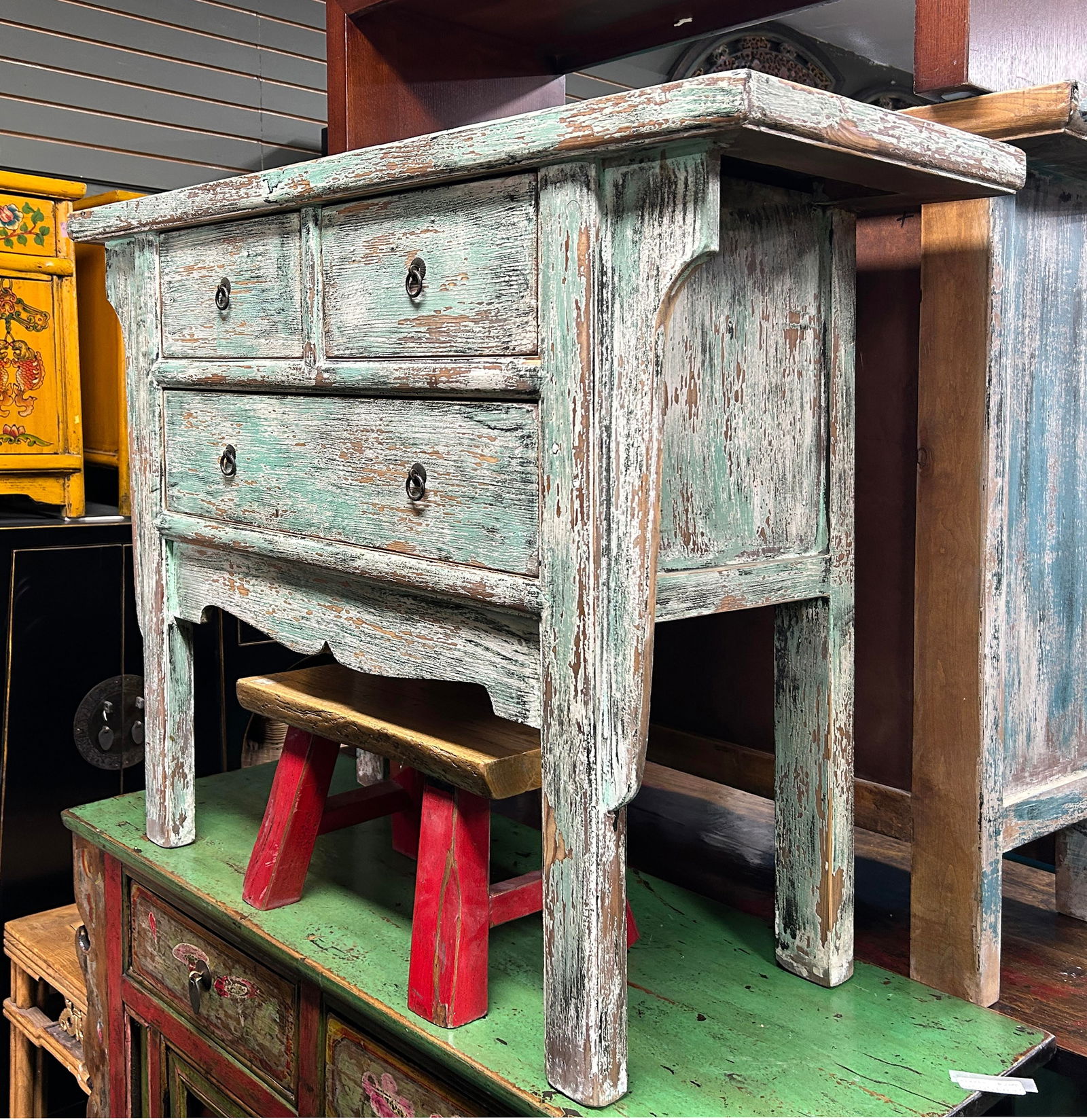 Vintage Distressed Pastel Green Marks Drawers Credenza Side Table Cabinet - 6
