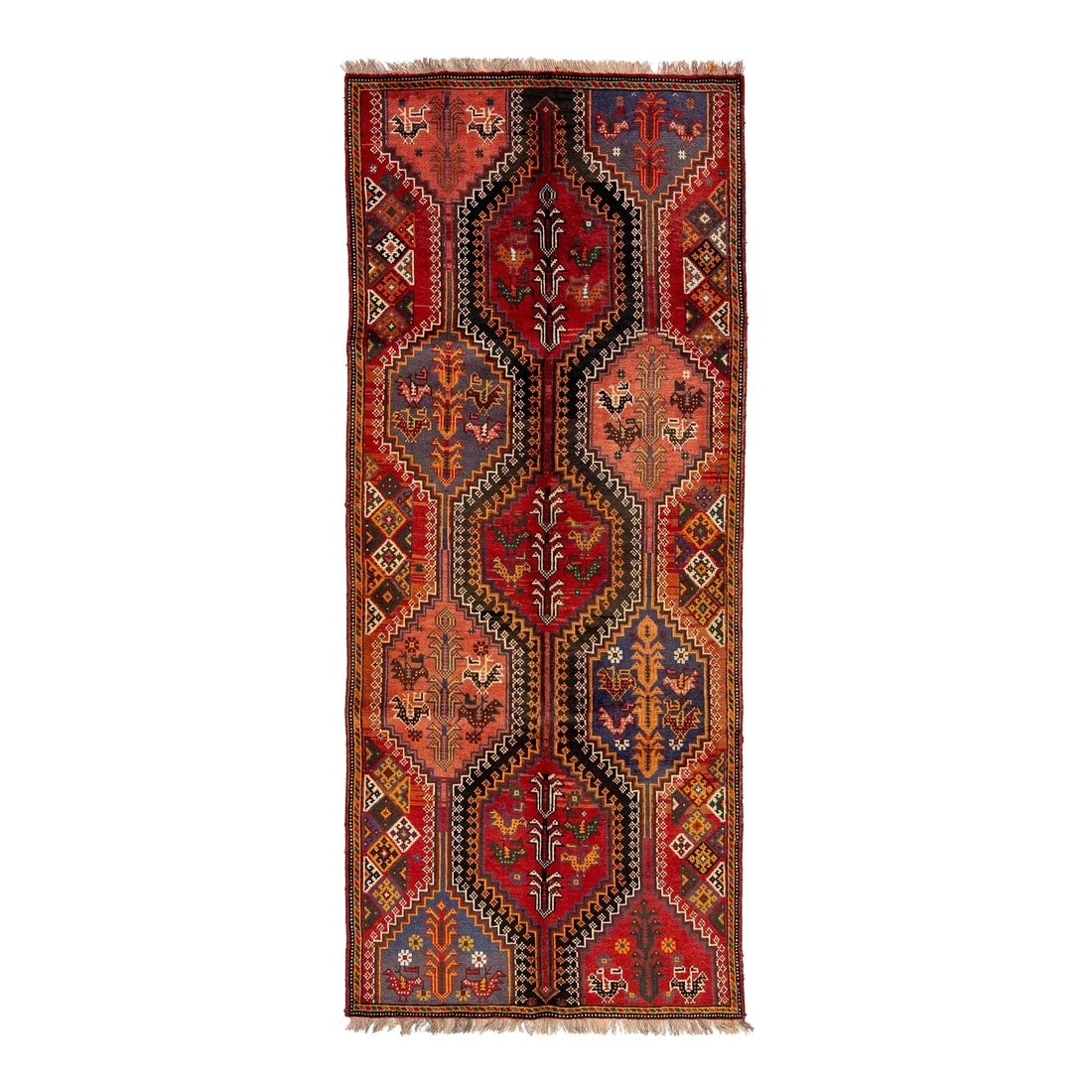 4 X 8 Multicolor Vintage Shiraz Persian Wool Rug With Allover Design: This exquisite vintage Persian Shiraz rug is meticulously-knotted from high-quality wool. It features a rich red field adorned with an intricate allover design, elegantly accented with tones of