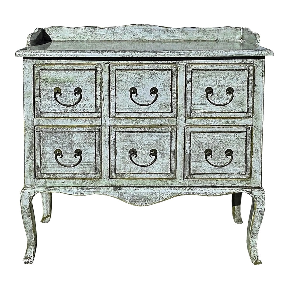 Distressed Pale Blue Curved Legs 6 Drawers Dresser Credenza Side Table: This charming antique-style dresser exudes rustic elegance with its weathered, pale blue green finish that hints at years of character and history. The piece features six drawers, each adorned with
