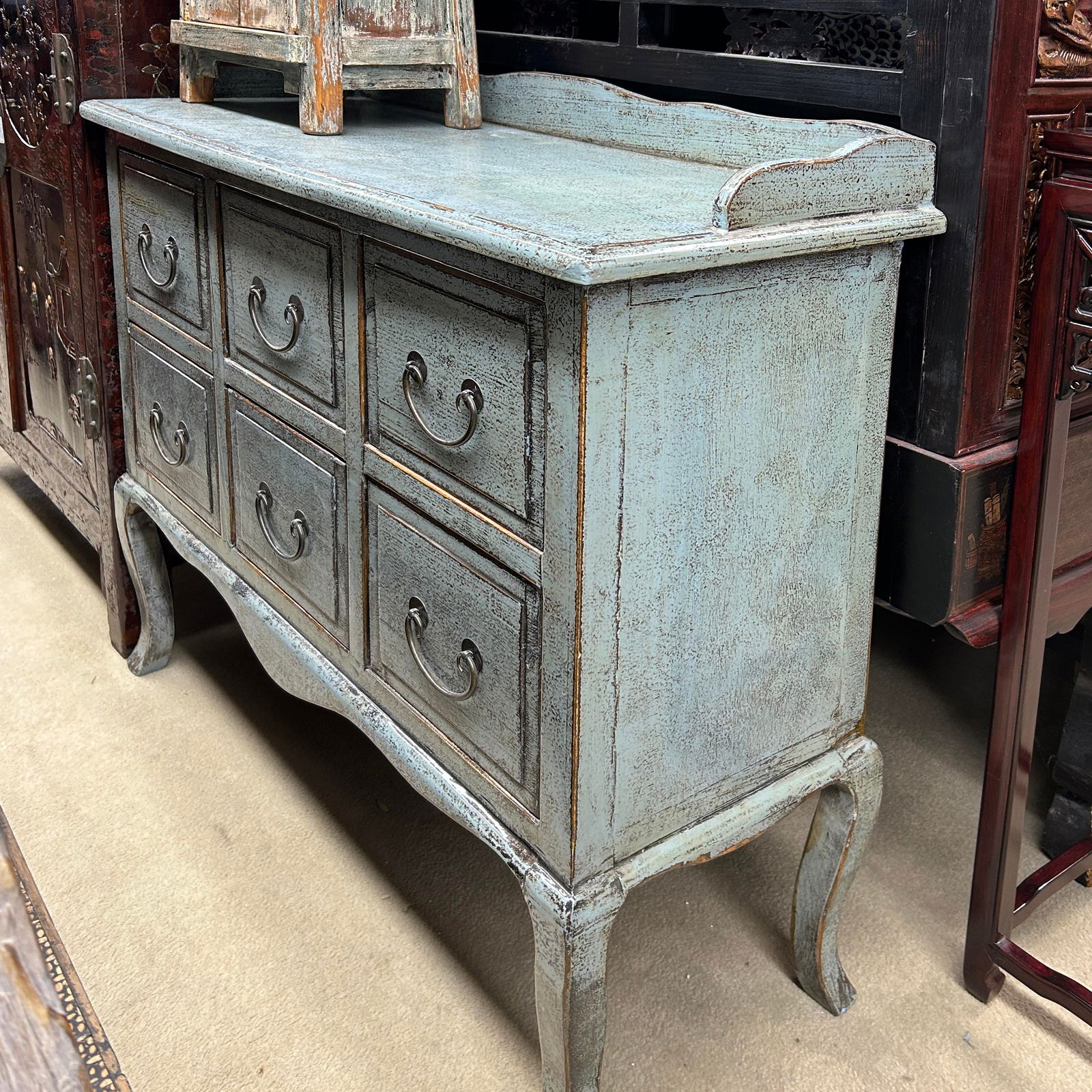 Distressed Pale Blue Curved Legs 6 Drawers Dresser Credenza Side Table - 6