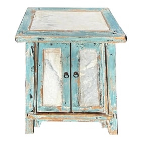 Distressed Pale Blue Stone Top Doors Slayed Legs End Table Nightstand