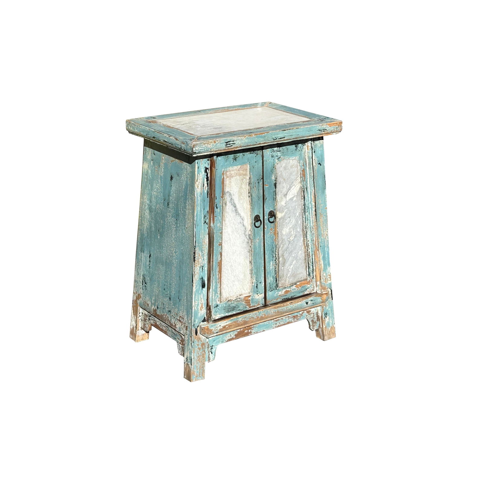 Distressed Pale Blue Stone Top Doors Slayed Legs End Table Nightstand - 2
