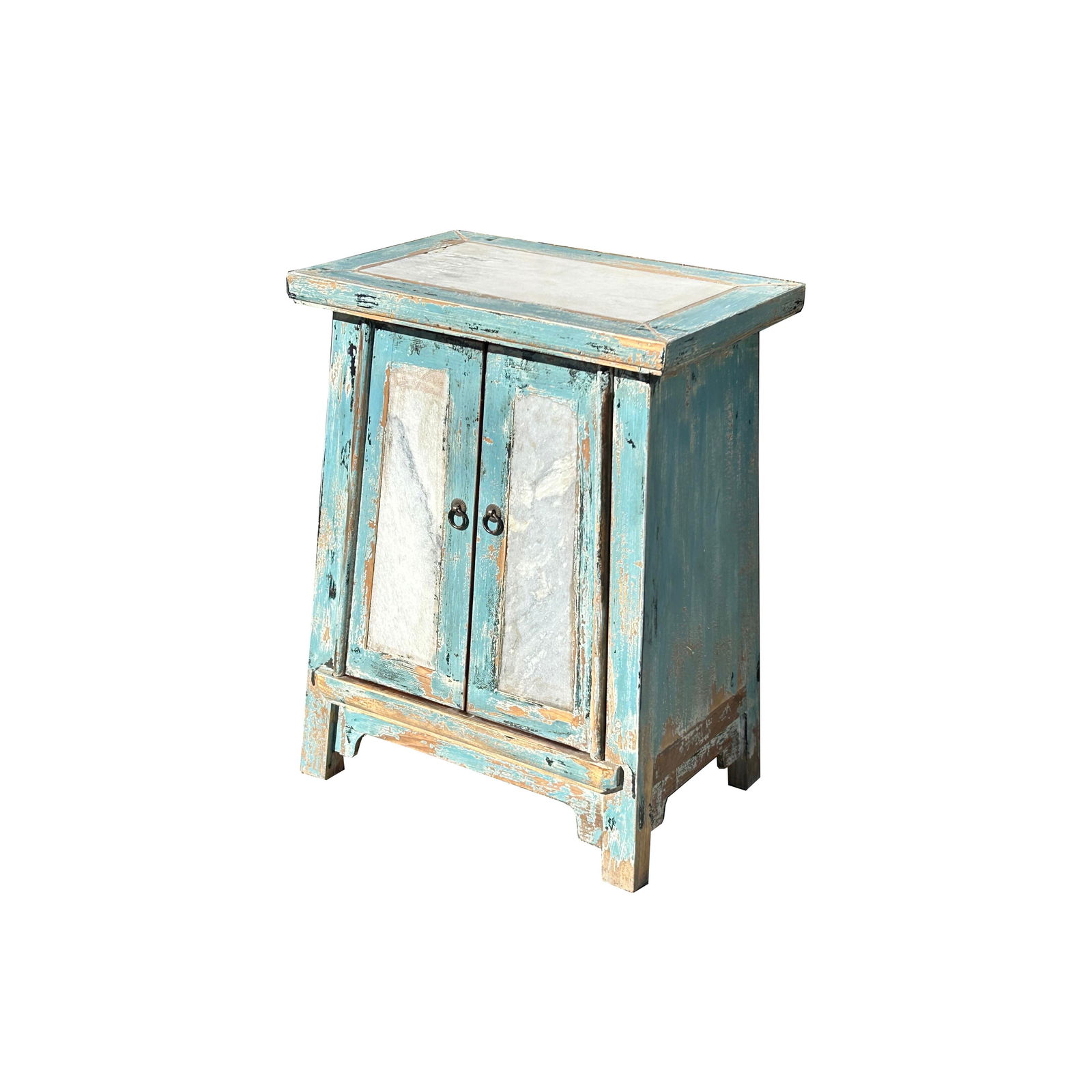 Distressed Pale Blue Stone Top Doors Slayed Legs End Table Nightstand - 4
