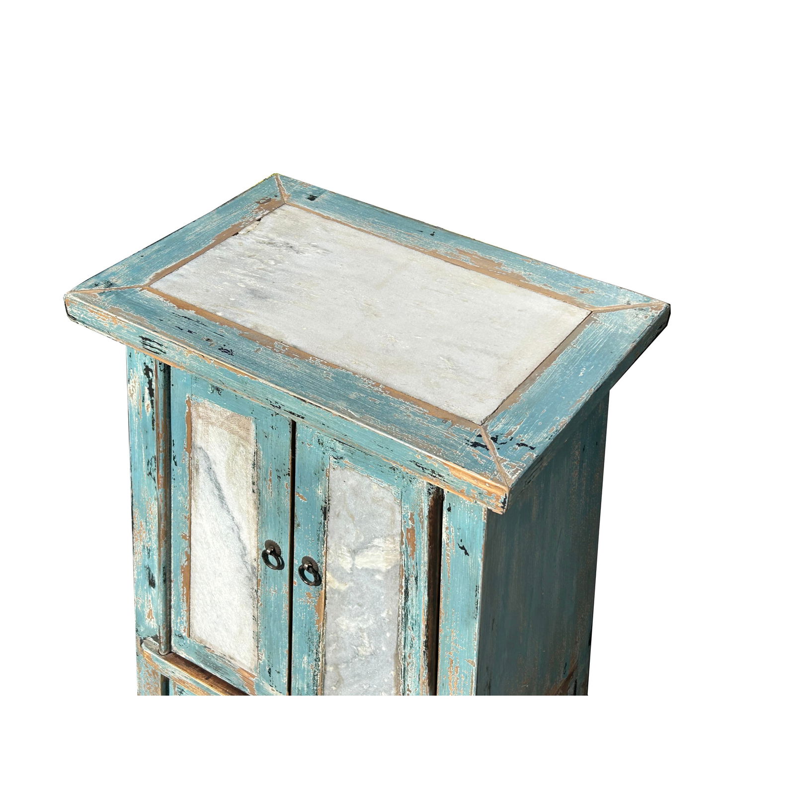 Distressed Pale Blue Stone Top Doors Slayed Legs End Table Nightstand - 5