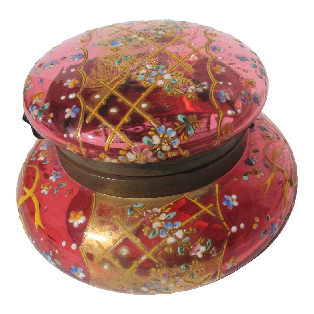 Antique Moser Cranberry Glass Powder /Trinket Box: Lovely Cranberry Glass by Moser circa 1900. Brass mounted and designed with fields of tiny flowers in enamel with a central golden band. Victorian delicate pattern with yellow bows on each side, and
