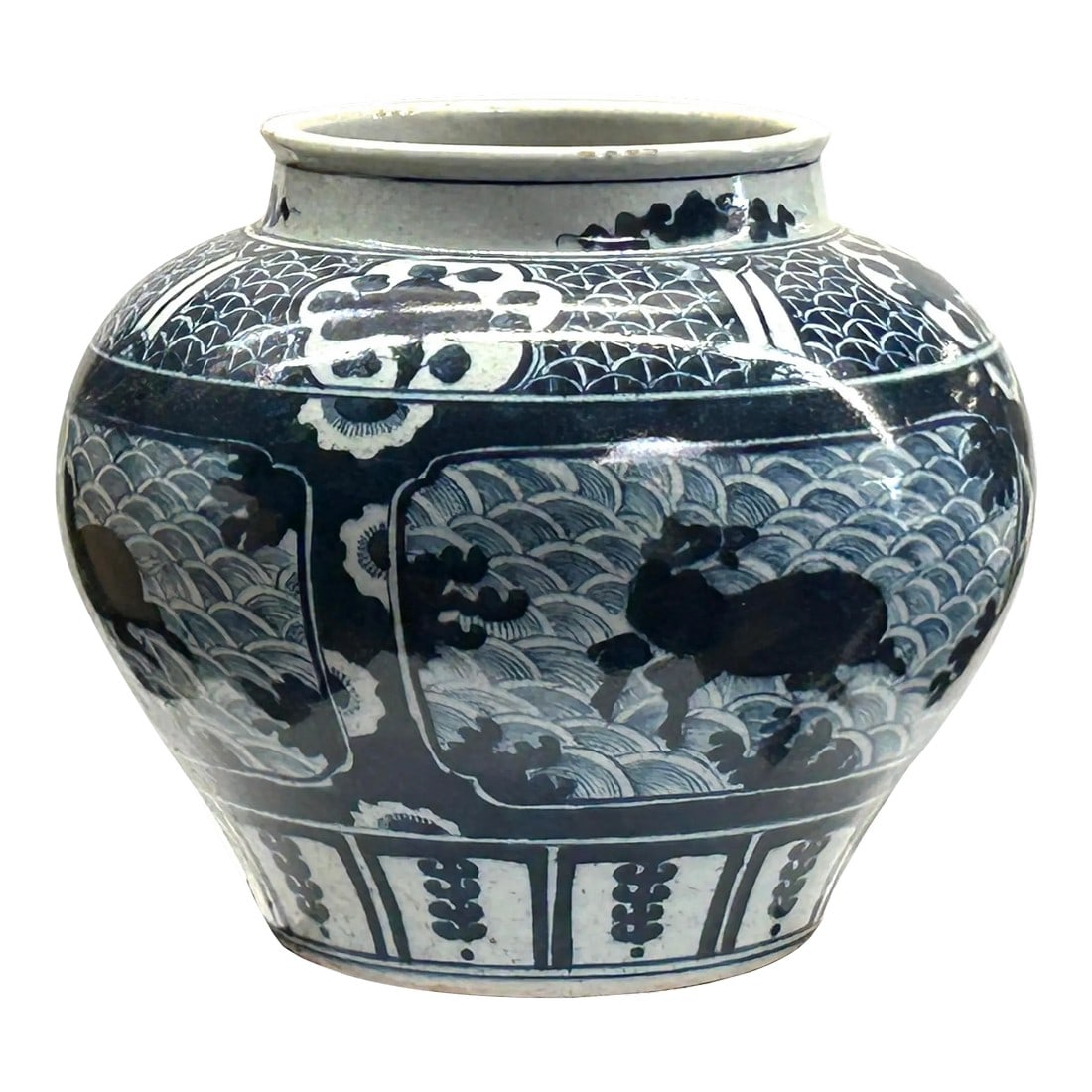 Vintage Blue White Mythical Graphic Fat Body Porcelain Vase Jar: Discover the timeless elegance of this exquisite blue-and-white porcelain vase, a stunning piece of traditional craftsmanship that brings history and artistry into your home. Perfect for collectors