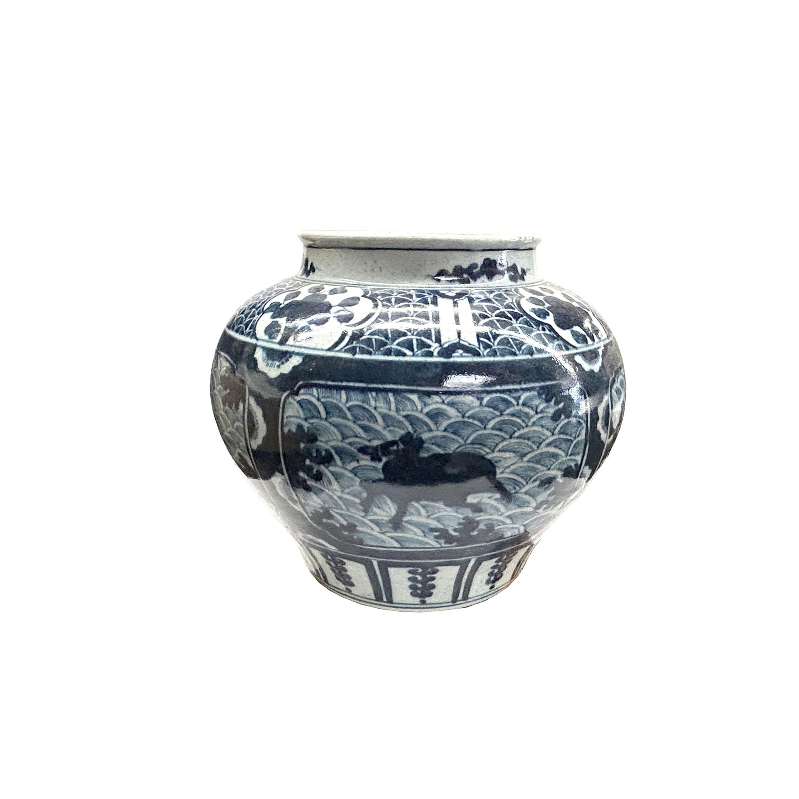 Vintage Blue White Mythical Graphic Fat Body Porcelain Vase Jar - 2