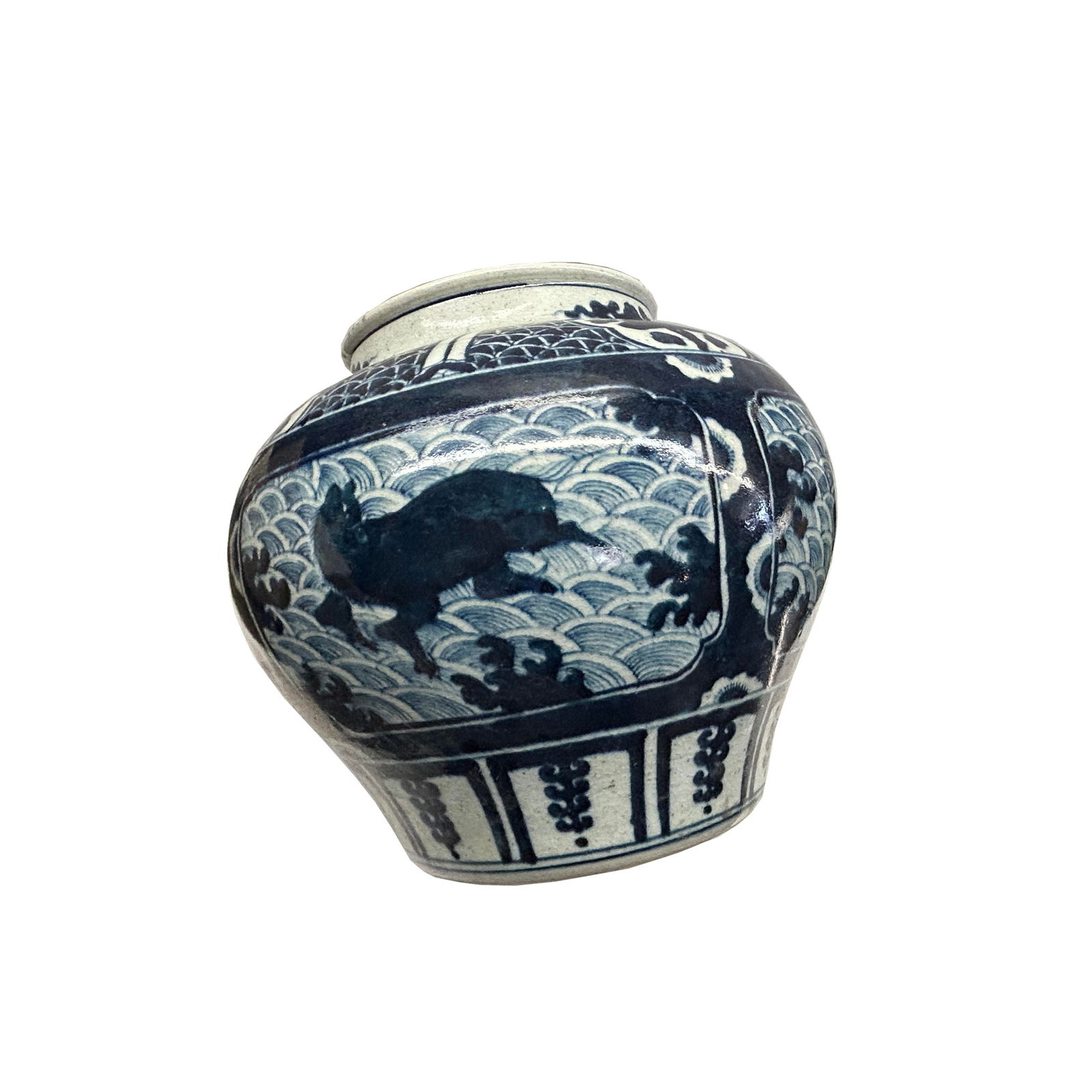 Vintage Blue White Mythical Graphic Fat Body Porcelain Vase Jar - 5